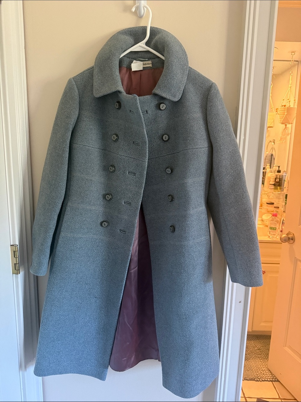 Women's Double-Breasted Wool Blend Long Coat - Slate Blue